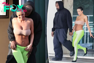 Kanye West  pulls down wife Bianca Censori’s low-slung neon tights ahead of date at Cheesecake Factory