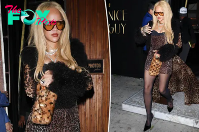 Rihanna walks on the wild side in leopard-printed minidress for night out