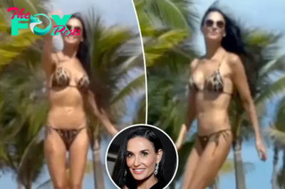Demi Moore, 61, rocks a tiny leopard bikini as she joins daughters for family vacation video