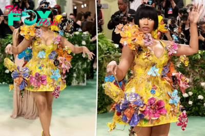 Nicki Minaj blooms in 3D floral minidress and bob hairstyle on the 2024 Met Gala red carpet