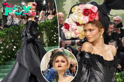 Zendaya changes into second outfit with giant train and flower hat on Met Gala 2024 red carpet