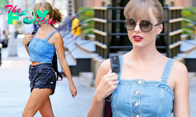 rr Taylor Swift’s Playful Ensemble: Flirty Style with Jean Crop Top and Short Shorts.