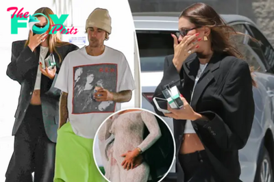 Pregnant Hailey Bieber shows off baby bump in crop top and suit with Justin