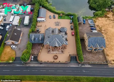 B83.Tyson Fury’s VAST Gypsy King Logo Dominates the Drive at His Palatial £1.7 Million Lancashire Mansion, Surrounded by Caravans, Mobile Homes, Static Homes, and a Sprawling Lake