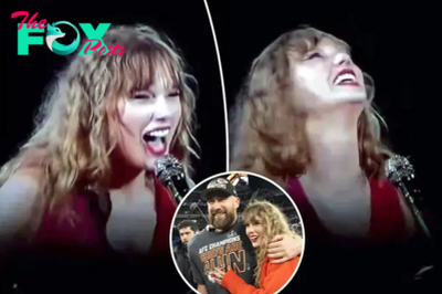 Giddy Taylor Swift giggles over lyric about ‘dating the boy on the football team’ amid Travis Kelce romance