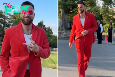 Travis Kelce reps Chiefs red in corduroy suit at team’s Super Bowl ring ceremony