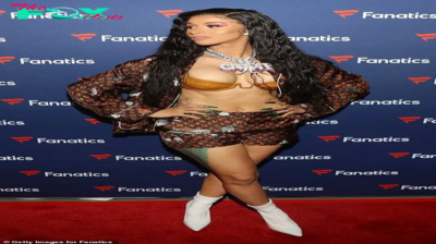 rin Cardi B flaunts her toned curves in skimpy gold bra and shorts for Fanatics Super Bowl party in Atlanta