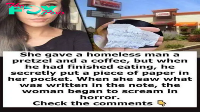 Woman buys homeless man food and stays with him – he then gives her a note and she realizes the truth.