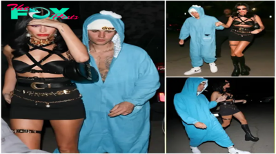 rin Hailey Bieber In Tight Black Bra, ‘versace Vampire’ Style Combination With Justin Bieber In Blue Cookie Monster Jumpsuit And White Sneakers