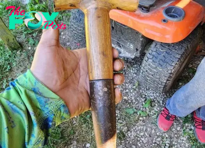 Wood handle metal like cover towards the bottom like spike found in a shed in a house we just bought.