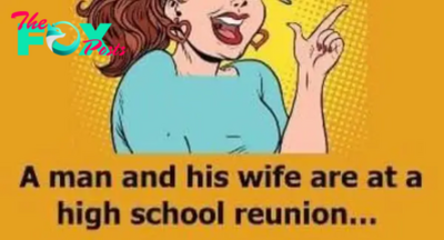 A man and his wife are at a high school reunion