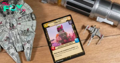 Boba Fett card suspended from Star Wars: Limitless TCG