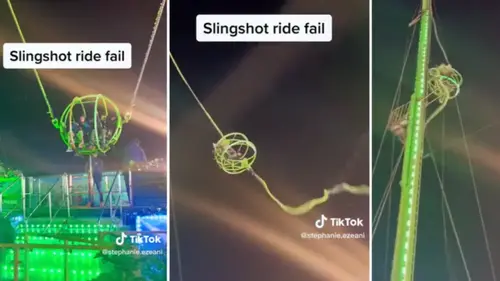 Watch: Teenagers left dangling high above crowd after slingshot ride malfunctions