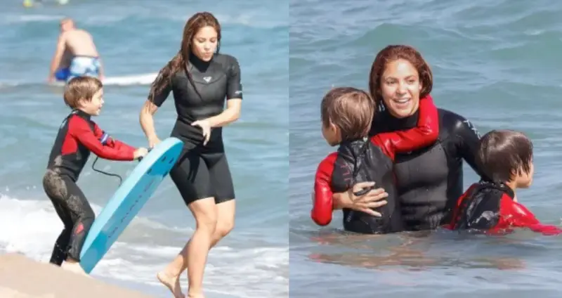 Shakira is mum goals as she takes her sons Milan and Sasha bodyboarding in Barcelona