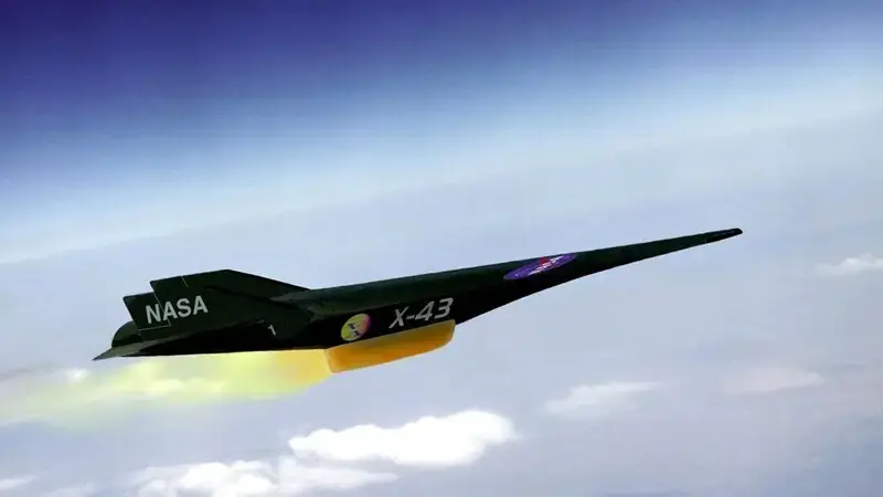 At about Mach 10, the NASA X-43 hypersonic aircraft flies.