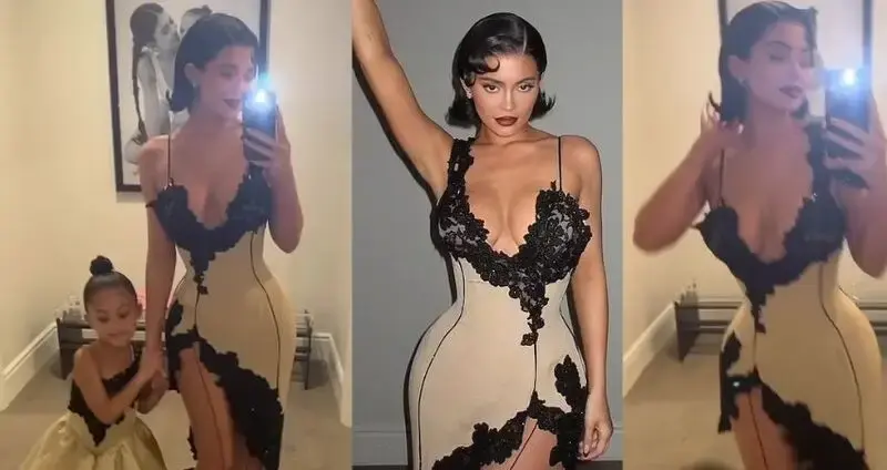 Kylie Jenner matches with daughter Stormi, four, in gold and black Thierry Mugler gowns for blowout Kardashian Christmas Eve bash