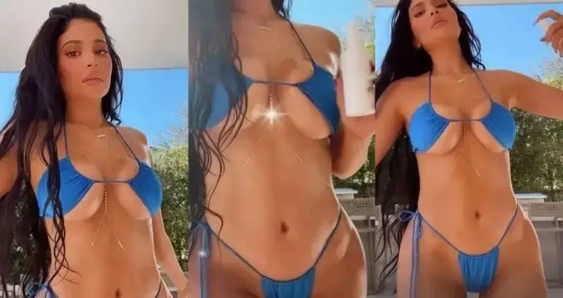 Kylie Jenner shows off MAJOR underboob in teeny bright blue ʙικιɴι after news she and Travis Scott are ‘still in love’