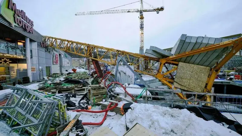 Crane crashes onto mall in Norway amid high winds; 2 injured