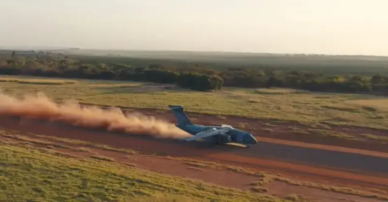 Brazilian Air Force Embraer C-390 Millennium military transport aircraft gravel runway testing