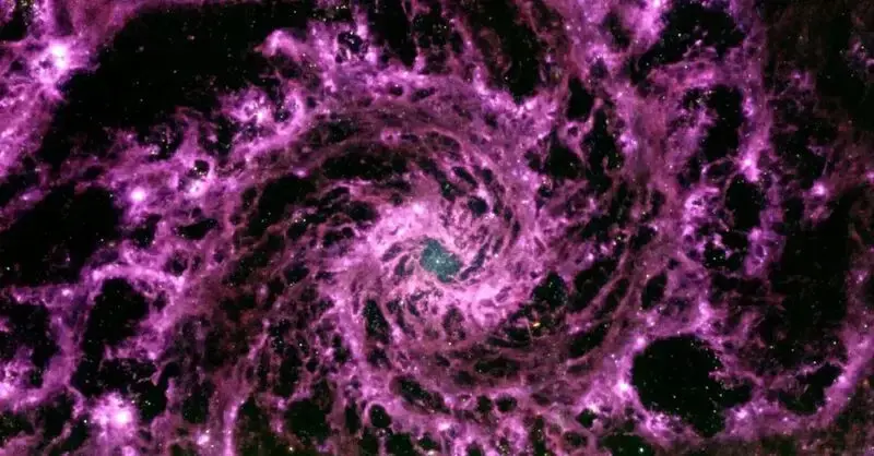 Dust in a distant galaxy is transformed into a purple swirl in a stunning JWST photograph.