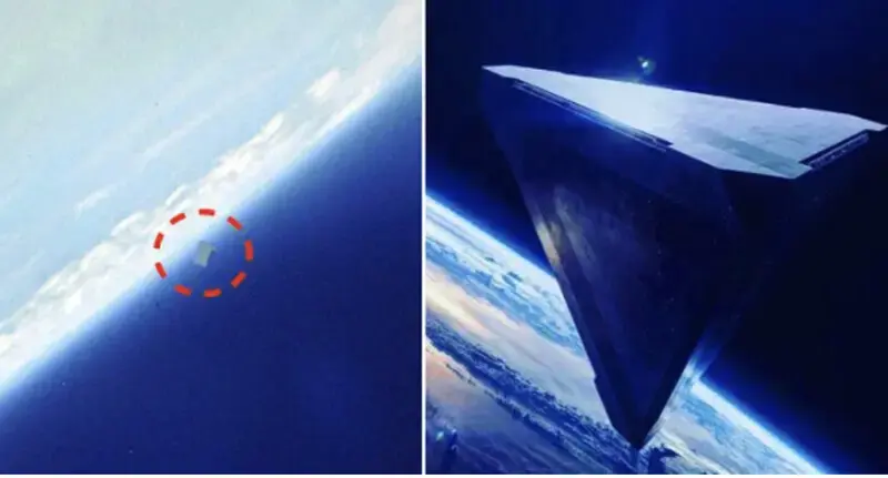 A strange triangular UFO is seen in an old image of Nasa .'s "Space Shuttle"