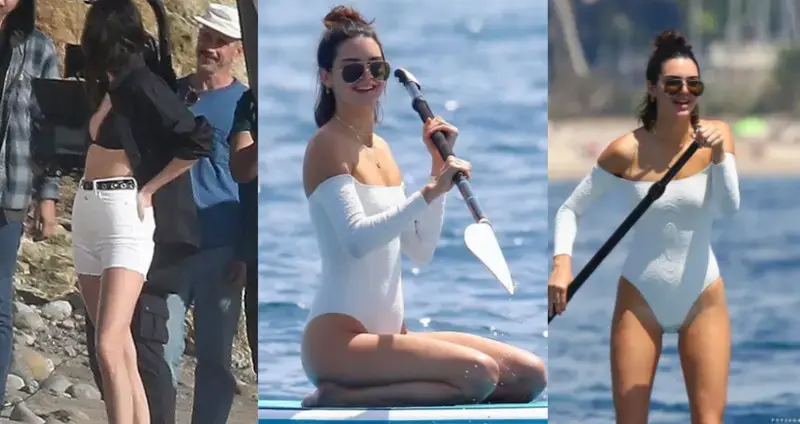 Kendall Jenner Rocks Black Bikini Top & White Shorts For Beach PH๏τoshoot