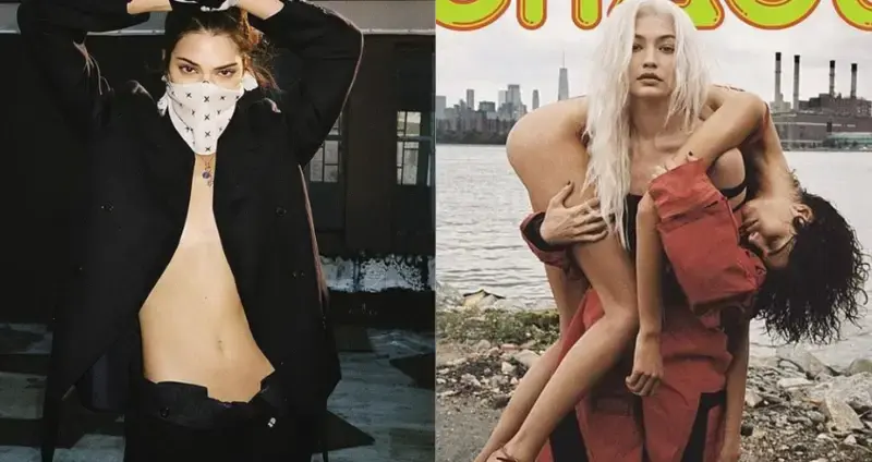 Kendall Jenner flaunts her tight tummy on the cover of Chaos SixtyNine’s Poster Book along with pal Gigi Hadid