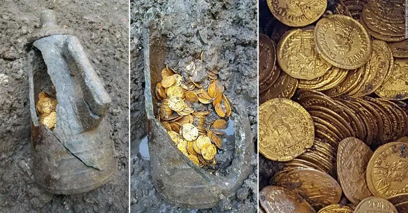 Hundreds of Roman gold coins were unveiled in the basement of an old theater, revealing a treasure trove