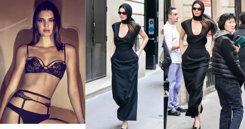 Kendall Jenner cuts a chic figure in a plunging black gown and a matching headscarf as she heads out for a stroll in Paris