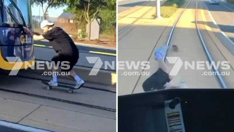 Gold Coast skateboarder falls after hitching dangerous ride behind tram