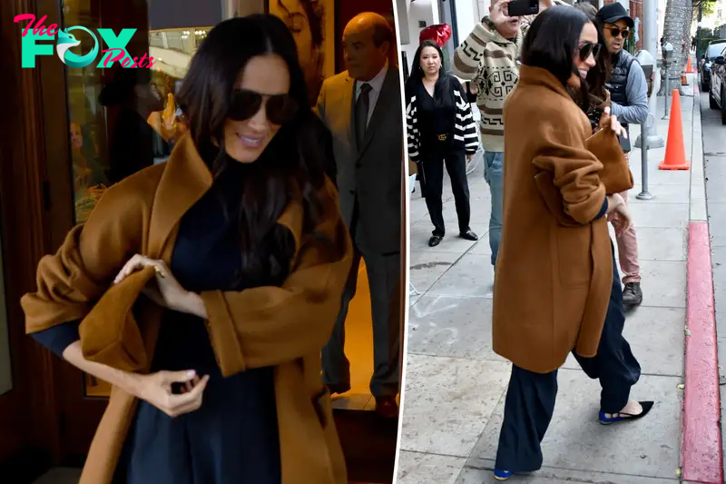 Meghan Markle bundles up in $6,250 coat for lunch at Beverly Hills celeb hotspot for lunch with her wedding dress designer