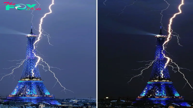 A bolt from the blue… Dramatic moment thunderbolt lights up Eiffel Tower, The iconic Eiffel Tower, already a breathtaking sight on the Paris skyline, experienced a truly electrifying moment when Mother Nature decided to add a touch of her own brilliance