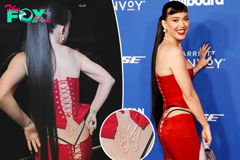 Katy Perry flashes lingerie (and lower back ‘tattoo’) in daring lace-up look at Billboard Women in Music 2024