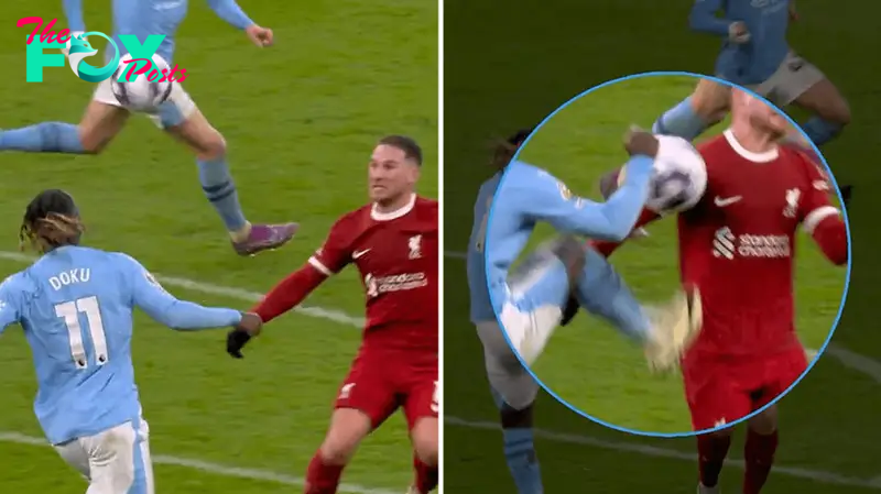 rr A detailed slow-motion footage captures Jeremy Doku’s ‘karate kick,’ intensifying the frustration among Liverpool fans as their team was denied a second penalty in added time, ultimately leading to a 1-1 draw against the visiting champions.