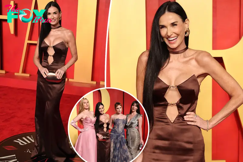 Demi Moore, 61, shows off her curves in plunging cutout gown at 2024 Vanity Fair Oscars party