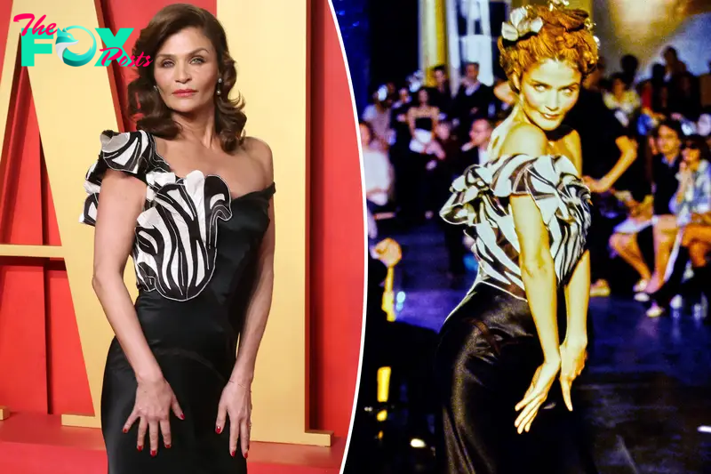 Helena Christensen slips back into her 1996 runway dress for 2024 Vanity Fair Oscars party: ‘Corset not entirely closed’