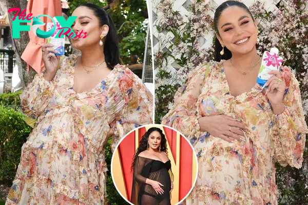 Pregnant Vanessa Hudgens rocks a floaty floral look after debuting her bump on the Oscars red carpet