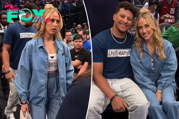 Brittany Mahomes pairs a $1,850 crystal crop top with denim tracksuit for basketball date with husband Patrick