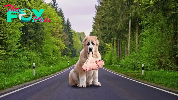 “Touching Moment: Loyal Dog Acts Kindly, Accompanying Baby on the Road, Exchanging a Comforting Kiss, Melting All Hearts”