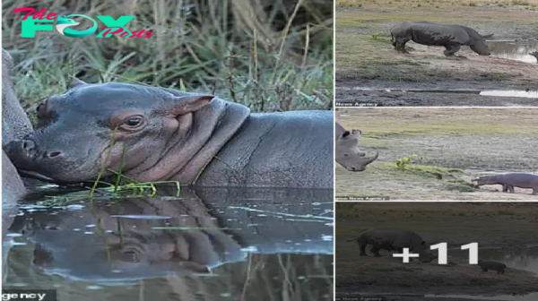 Oh, it’s so big, mom! Super cute moment baby hippopotamus bravely tries to scare away a giant white rhinoceros from a waterhole by charging forward and baring its tiny tusks
