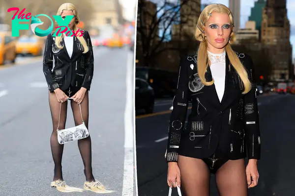 Julia Fox shows off a hair-raising look with no pants and shoes made from blond extensions