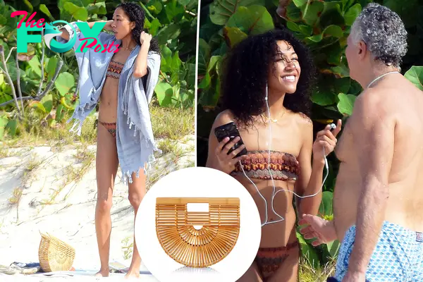 Aoki Lee Simmons styles her bikini with an affordable ‘It’ bag for beach day with Vittorio Assaf