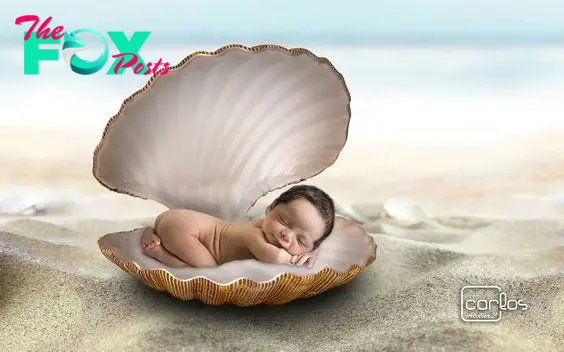 Adorable infant dozing in a seashell