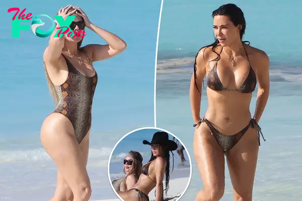 Kim and Khloé Kardashian wear matching snakeskin swimsuits during Turks and Caicos vacation
