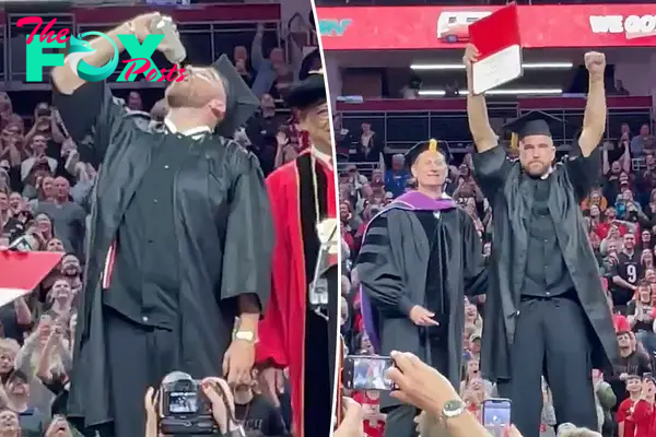 Beer-chugging Travis Kelce surprised with graduation at ‘New Heights’ live show after decade-long degree journey