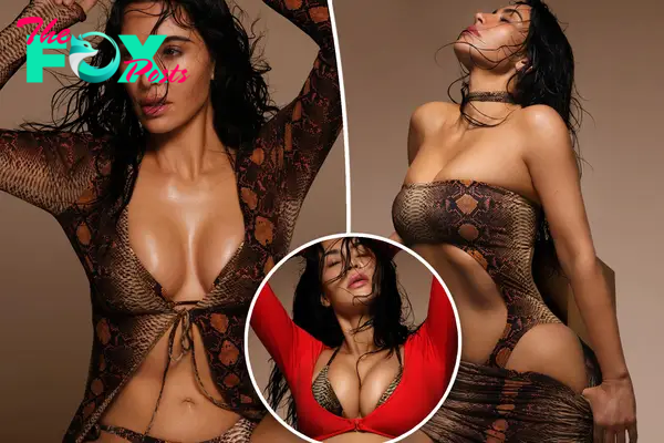 Kim Kardashian is wet and wild in new snake-print Skims swimsuits