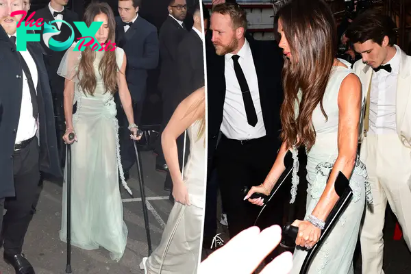 Victoria Beckham arrives at her star-studded 50th birthday party in glamorous gown and crutches