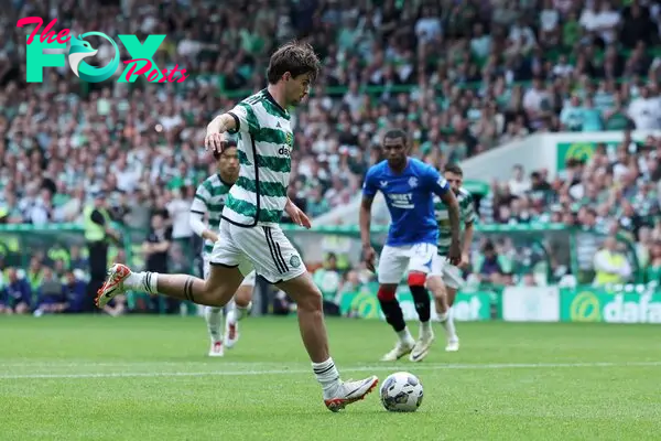 Matt O’Riley holds his hands up on Celtic penalty miss vs Rangers with training difference explanation