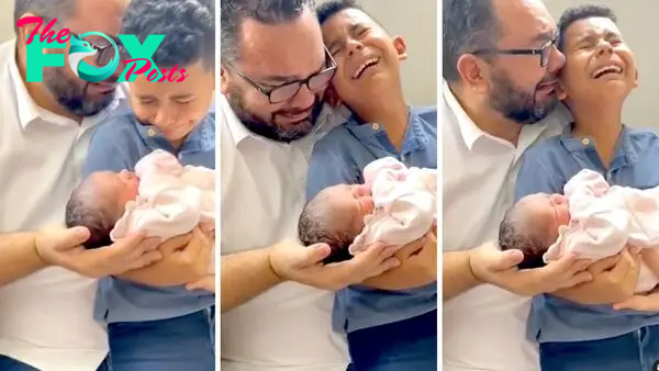 The video captures an emotional moment that cannot be expressed in words when father and son welcome their new born child with emotions that cannot be expressed in words.words.