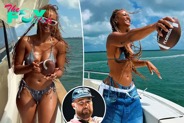 Travis Kelce’s ex Kayla Nicole shows off football skills in tiny bikini during boat day with friends